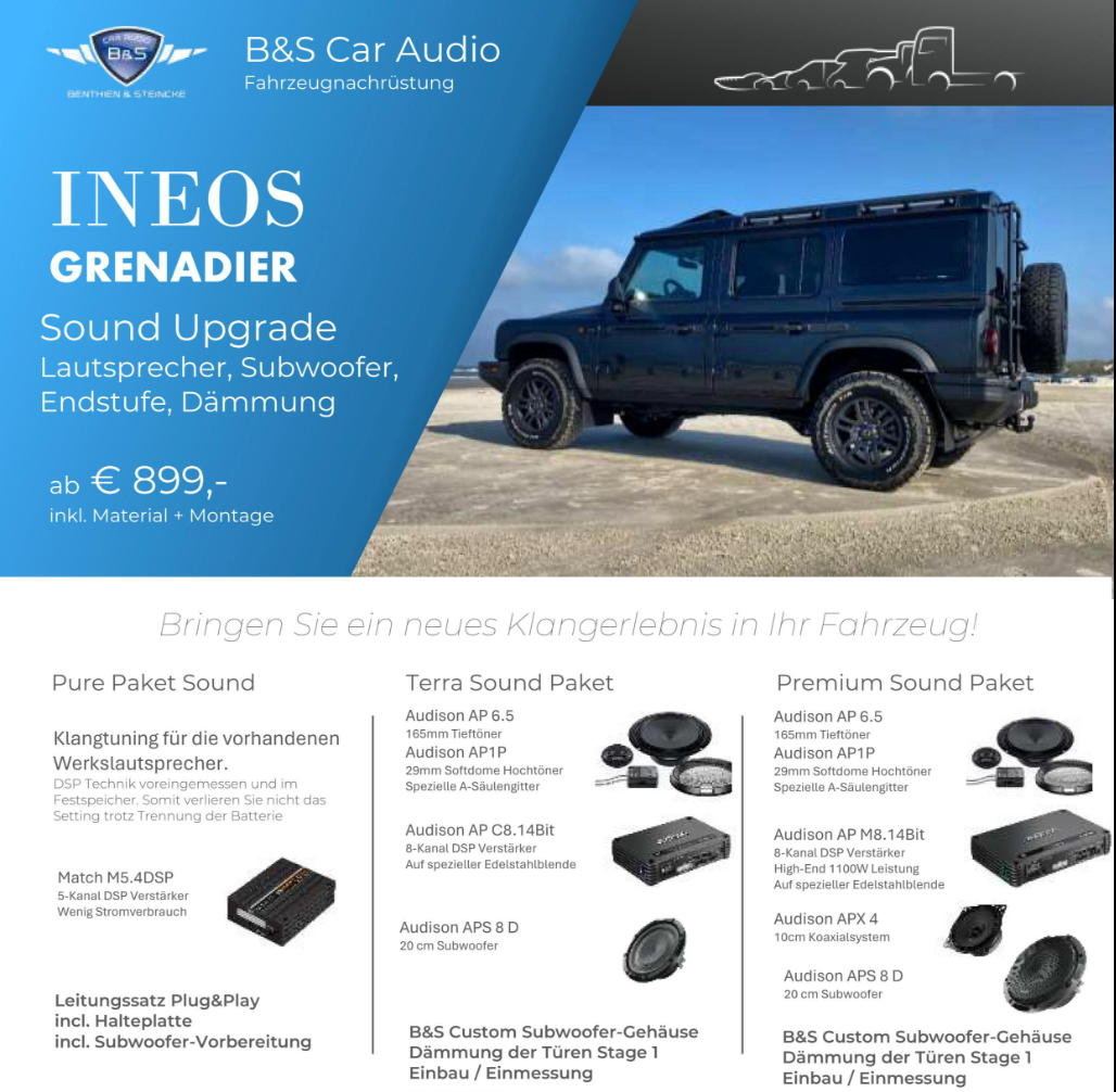B&S Klangtuning INEOS Grenadier mit Audison Verstärker und Audison 3-Wege-System